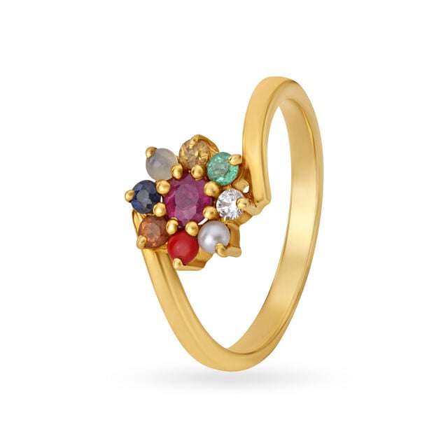 Amira Gold Radiant 18 Karat Yellow Gold And Multi Stone Floral Ring With Diamond Stud