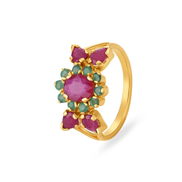 Amira Gold Lush Floral Emerald and Ruby Gold Finger Ring
