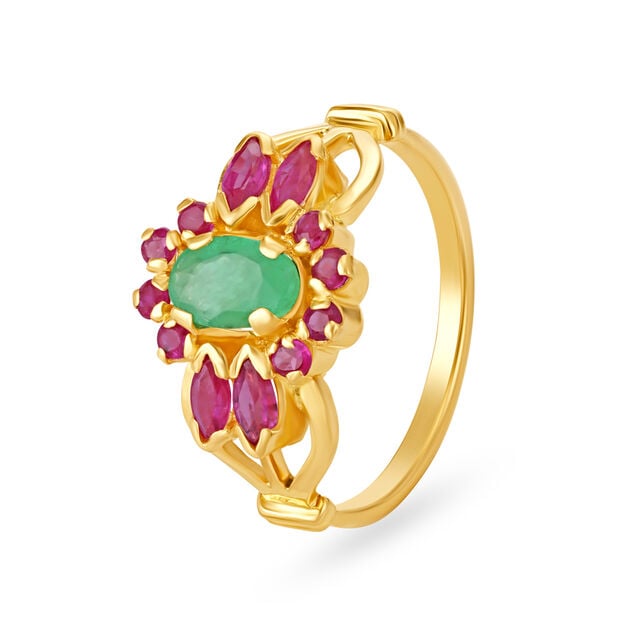 Amira Gold Stylish Floral Gold Ring with Emerald and Rubies