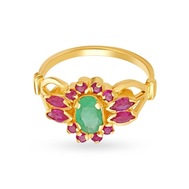 Amira Gold Stylish Floral Gold Ring with Emerald and Rubies