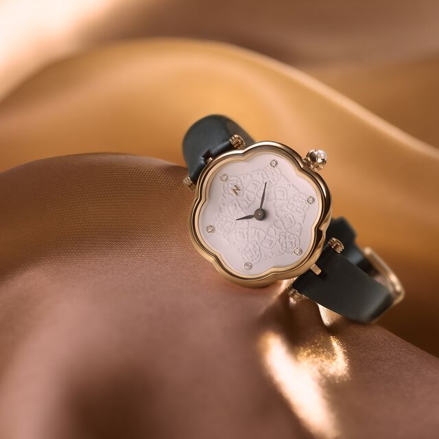 Amira Gold Titan Nebula Deccan Treasures 18k Gold Analog with Diamind studded Indices Leather Strap Watch for Women