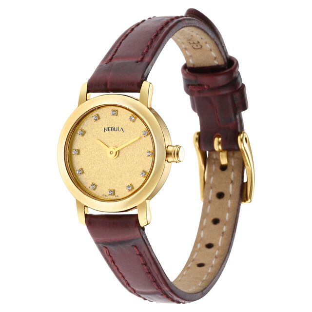 Amira Gold Titan Nebula Vintage 18k Gold Analog Diamond Studded Indices Leather Strap Watch for Women - Image 3